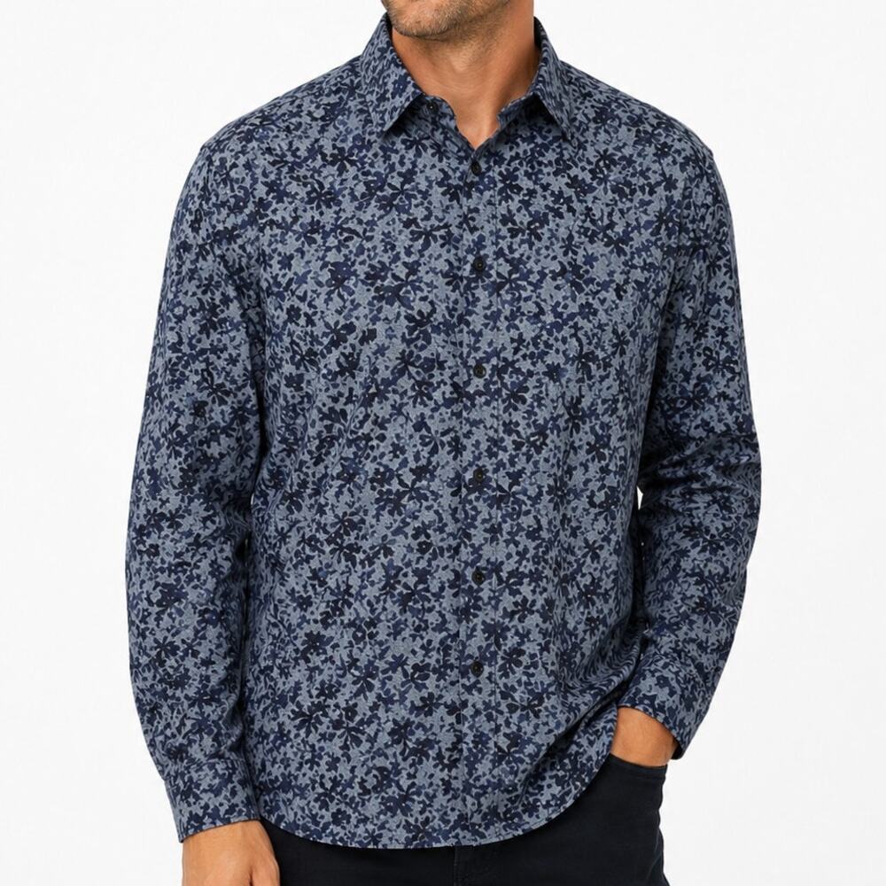BOSS Hugo Boss Slim Fit Stretch Floral Button Front Shirt Blue Mens 43 XL 17